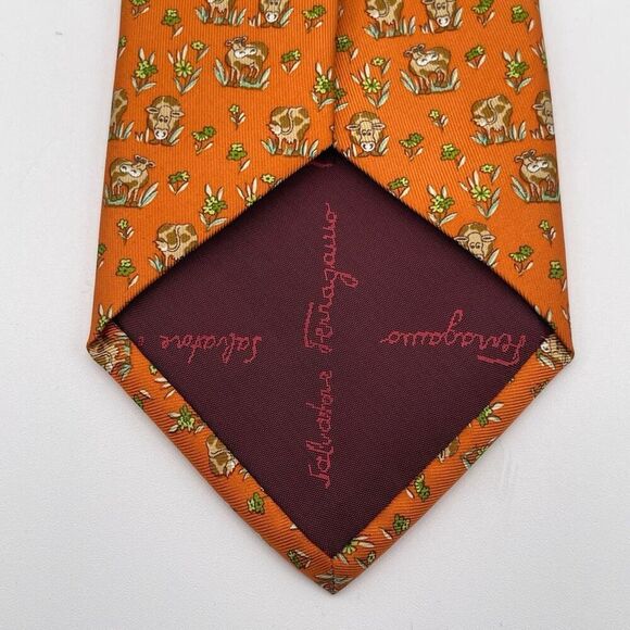 SALVATORE FERRAGAMO Tie Men's Orange ORN Cow All Over Pattern Made in Italy - Picture 4 of 9